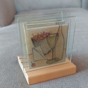 Set Of 4 Glass Coaster Set with All Different Fruit and Wine Designs, With Stand